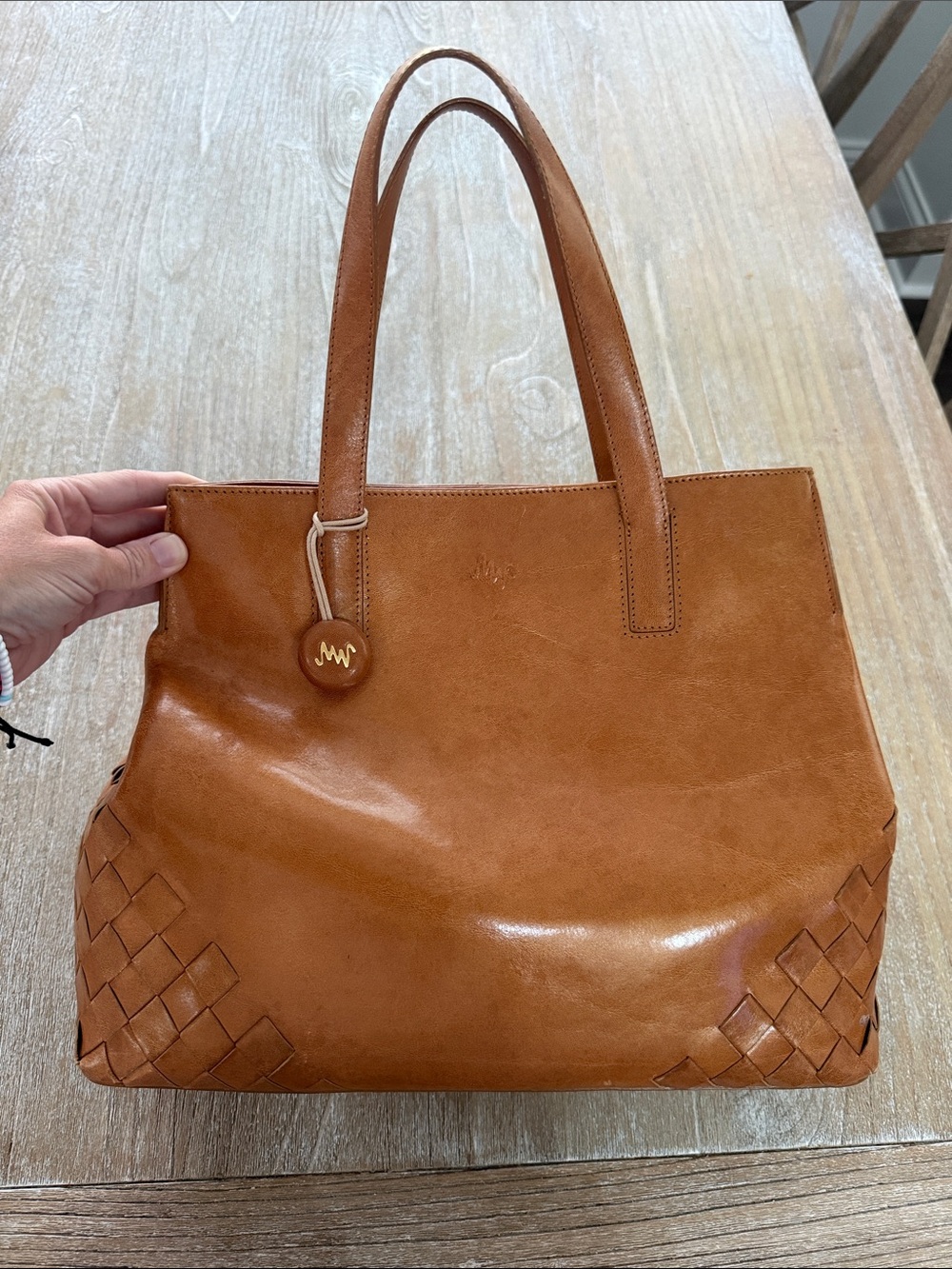 Monsac Tan Leather Woven Corner Tote